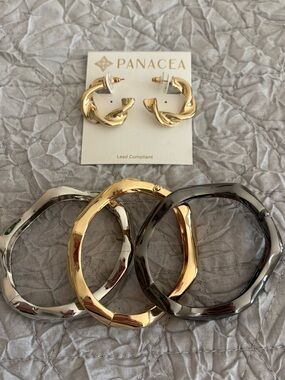 Panacea Cache Gold and Silver Twisted Hoop Earrings and Bangle Set